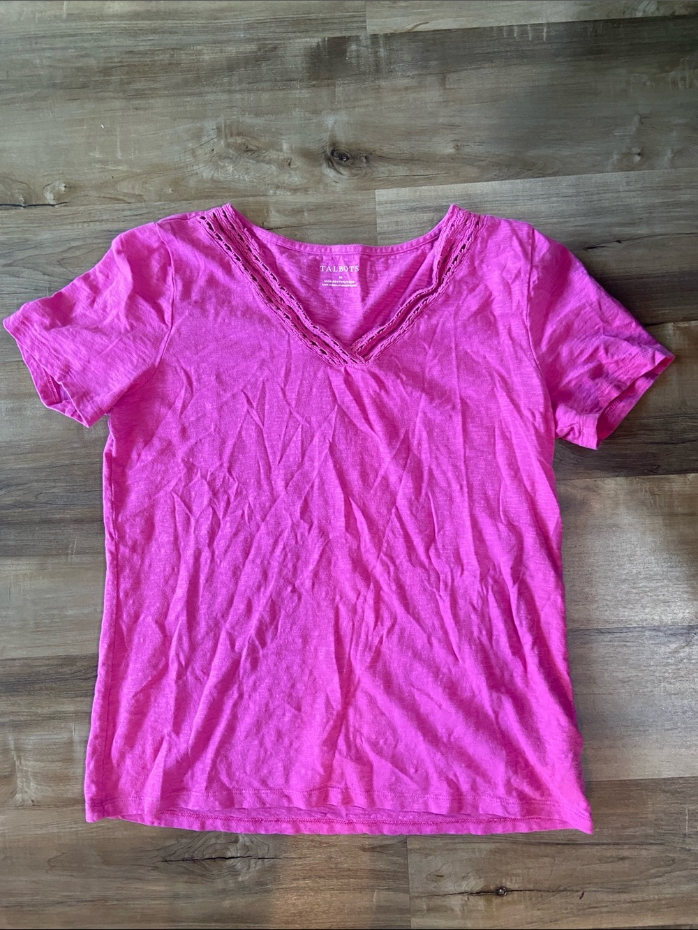Talbots Bright Pink V‑Neck Short Sleeve Tee with Lace Trim